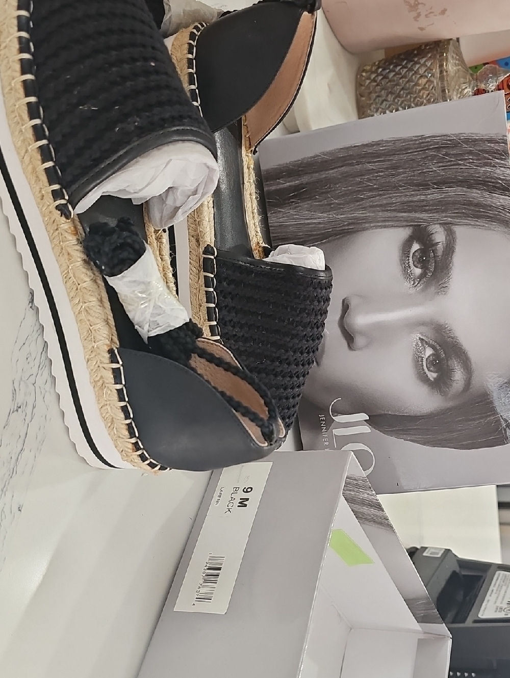 Jennifer Lopez Black Woven Espadrille Platform Sandals
